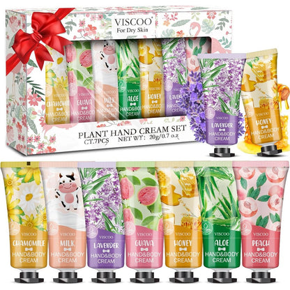 VISCOO 7 Pack Hand Cream Gift Set front view displaying all seven scented mini lotions