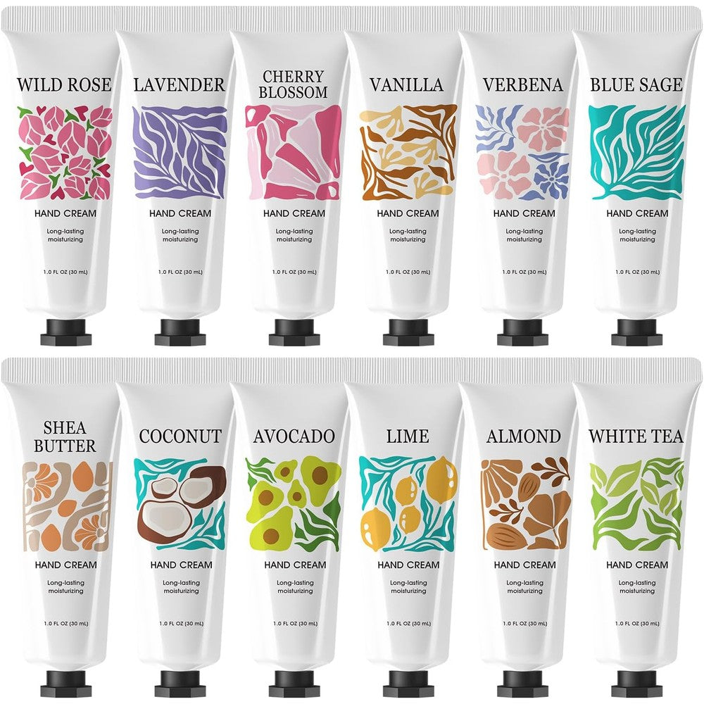 Body and Earth Love twelve pack hand cream set front view showing assorted colourful travel tubes