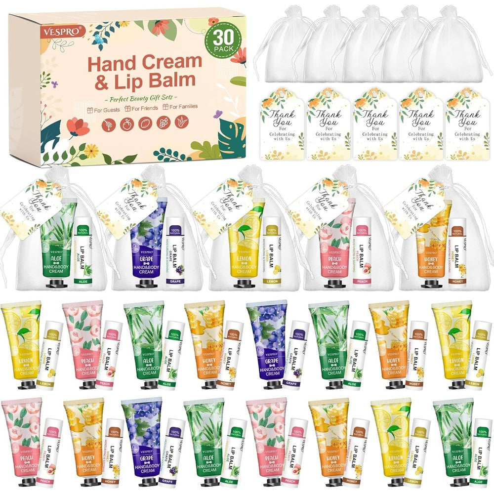 VESPRO Bulk Hand Cream and Lip Balm 30 Pack Gift Set front view displaying the complete collection of personal care products.