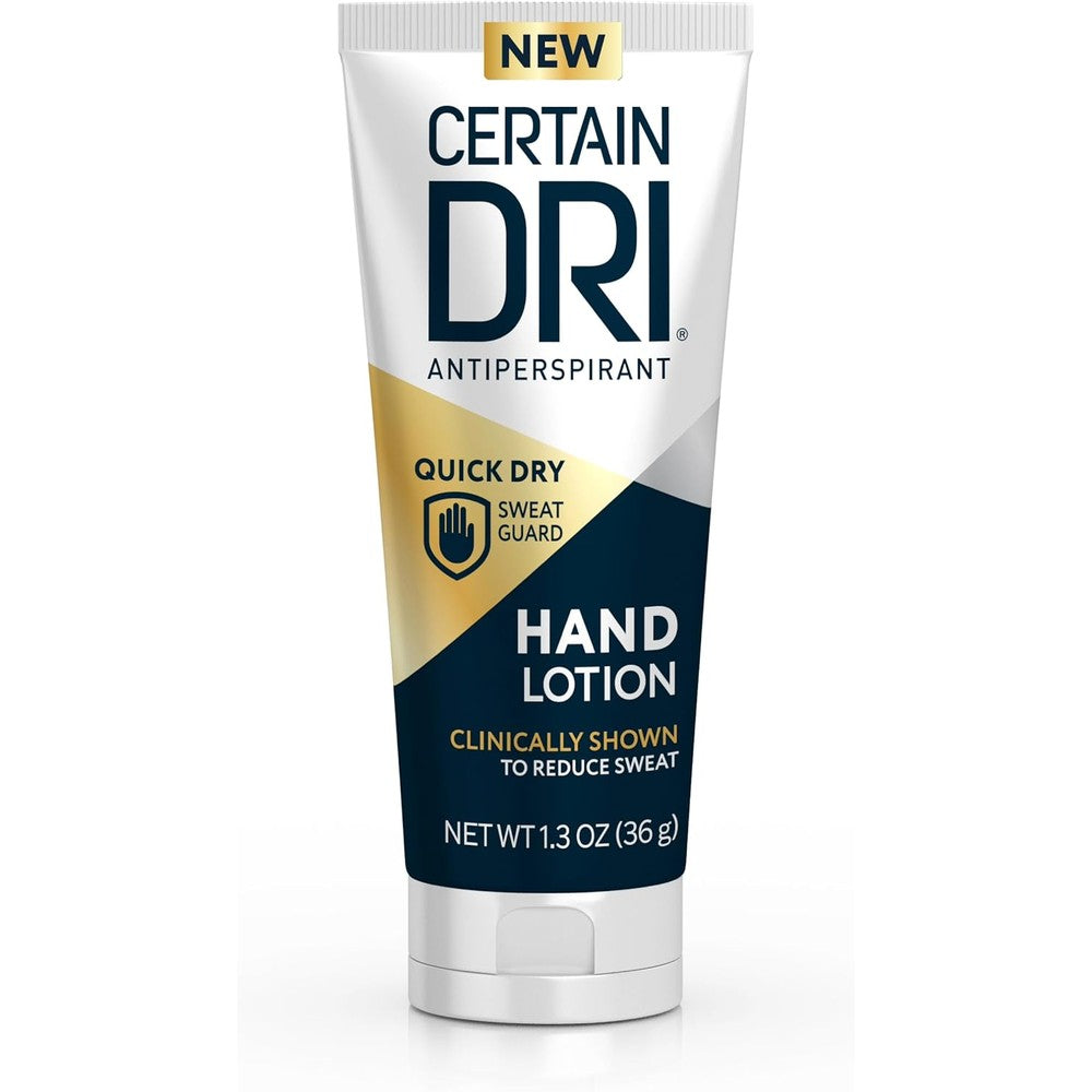 Certain Dri Antiperspirant Hand Lotion front view packaging for sweaty palms treatment