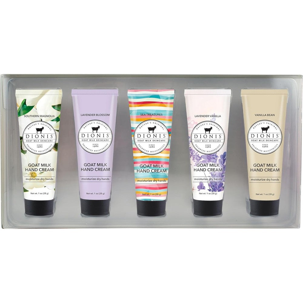 Dionis Goat Milk Hand Cream Inspire Gift Set front view showing five travel size tubes in premium packaging