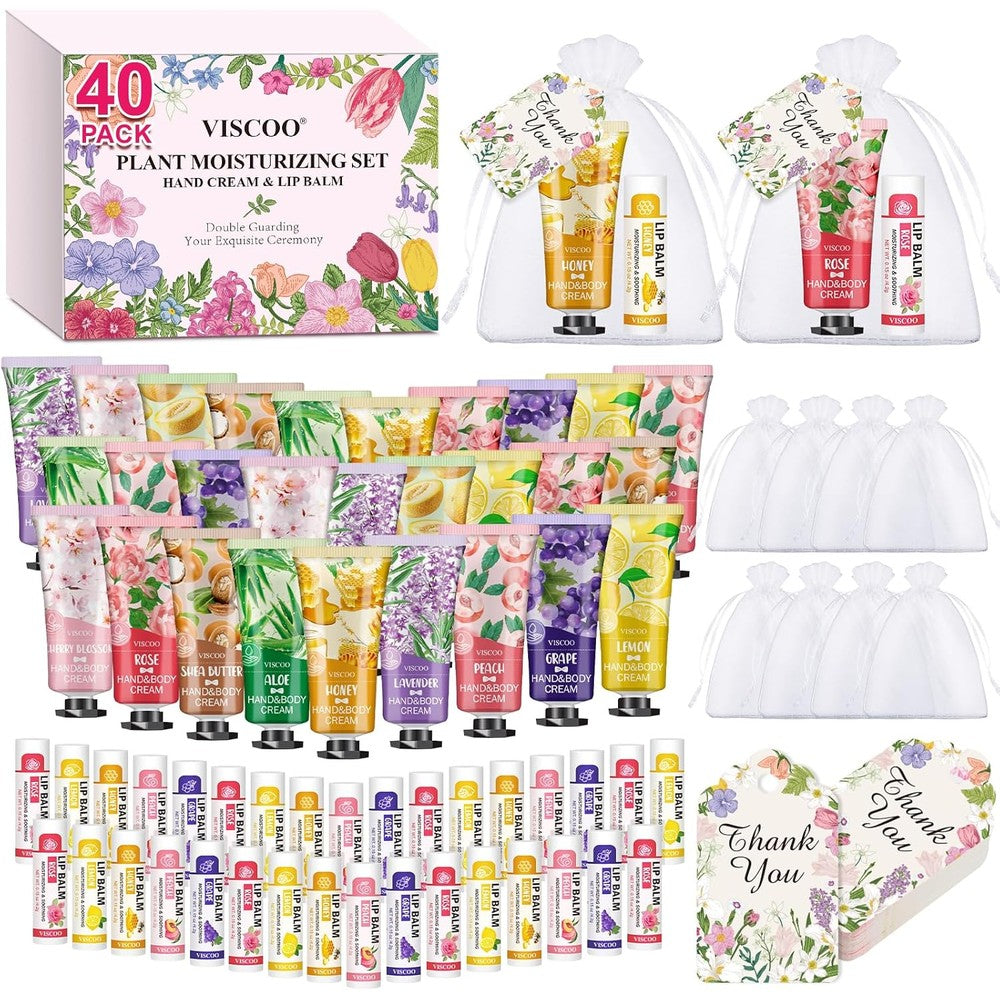 VISCOO 40 sets hand cream and lip balm bulk set front view showing assorted botanical scents