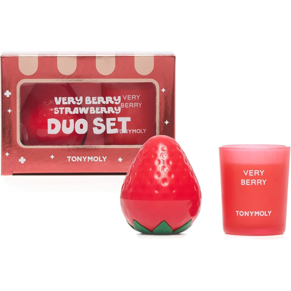 Tonymoly Very Berry Strawberry gift set front view featuring hand cream and candle