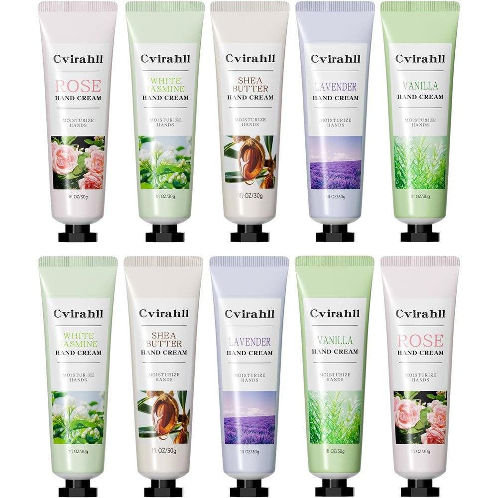 Cvirahll LXTTDABEN 10-pack hand cream set front view showing assorted natural lotion tubes.