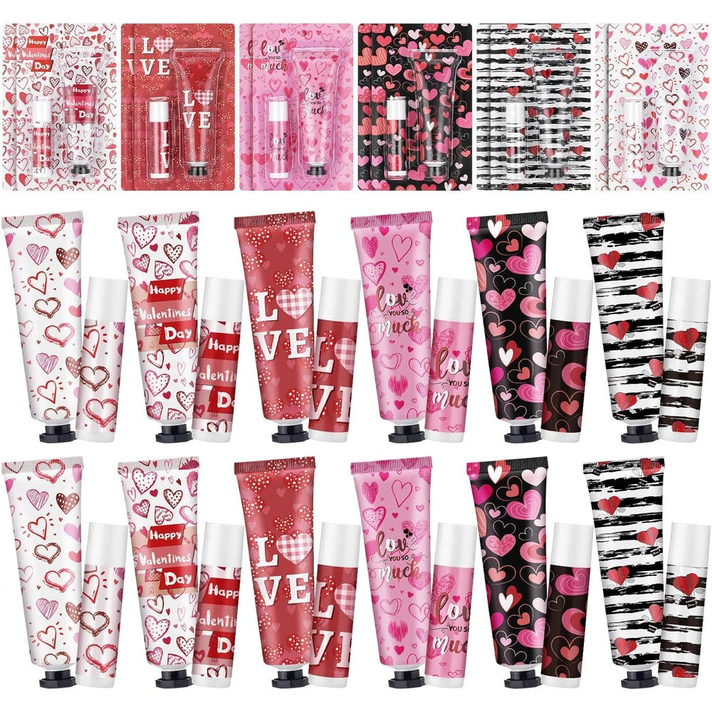 Loopeer 12 sets valentine hand cream lip balm bulk gifts front view showing packaging cards