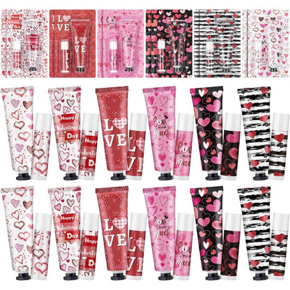Loopeer 12 sets valentine hand cream lip balm bulk gifts front view showing packaging cards