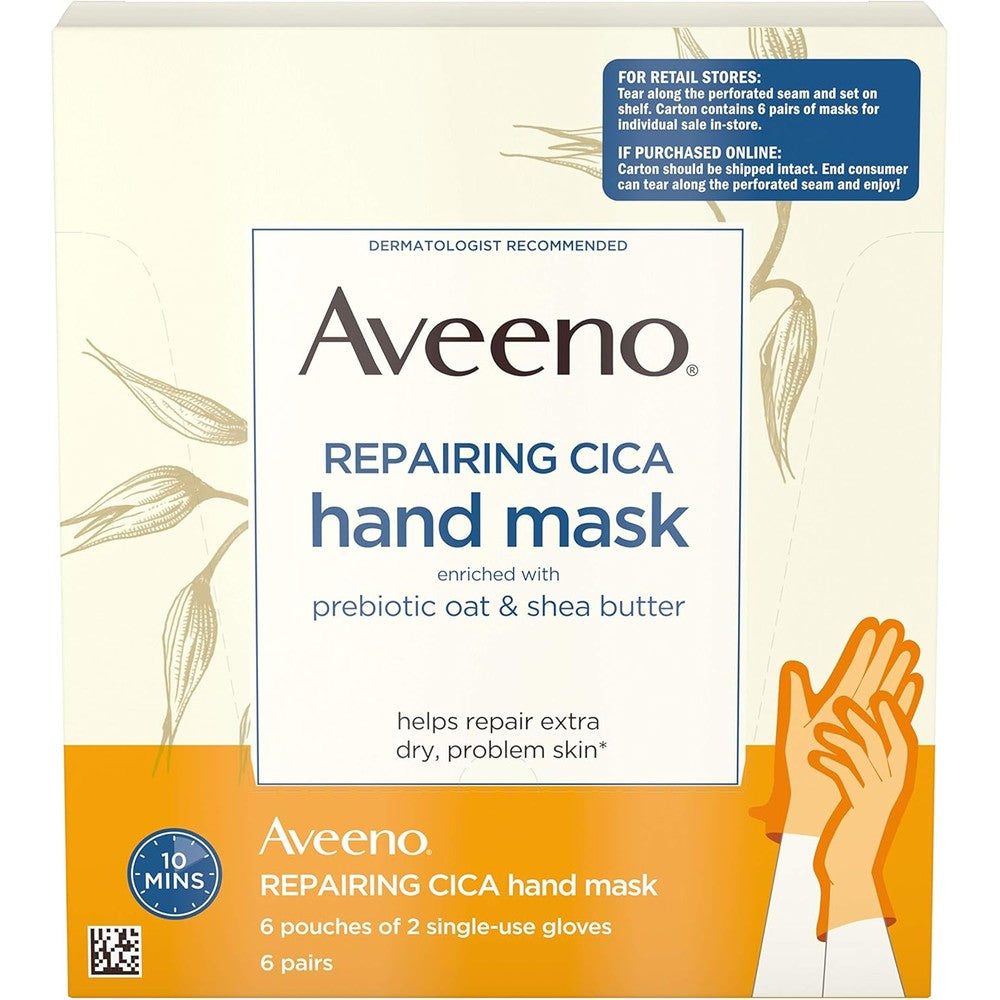 Aveeno Repairing Cica Hand Mask 6 Pairs front packaging view showing prebiotic oat and shea butter ingredients