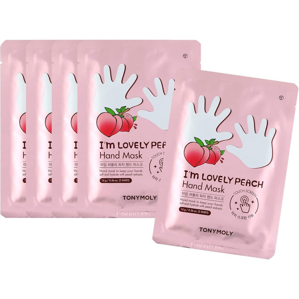 Tonymoly I’m Lovely Peach Hand Mask 5 pack front view showing peach packaging