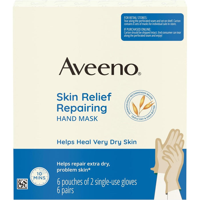 Aveeno Skin Relief Repairing Hand Mask front packaging showing 6 pairs