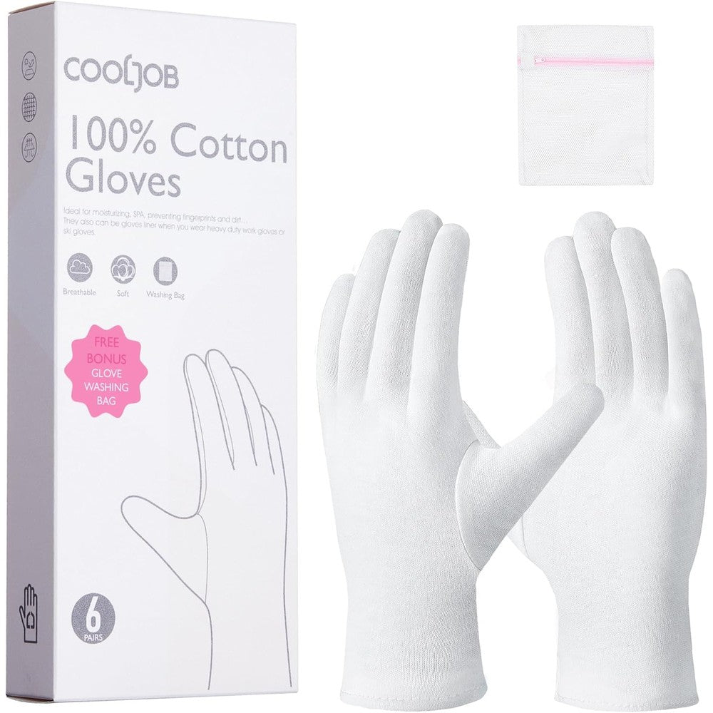 Cooljob 100 percent cotton gloves 6 pairs white moisturizing treatment