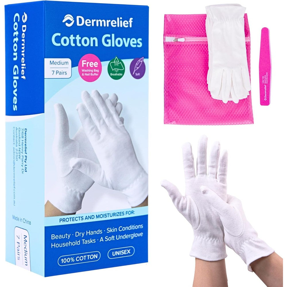 Dermrelief cotton gloves set with 7 pairs and free nail buffer