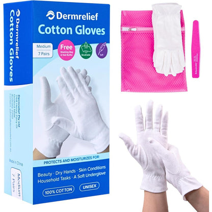Dermrelief cotton gloves set with 7 pairs and free nail buffer