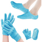 Kukugo moisturizing gel spa gloves and socks set front view showing cotton fabric and packaging.