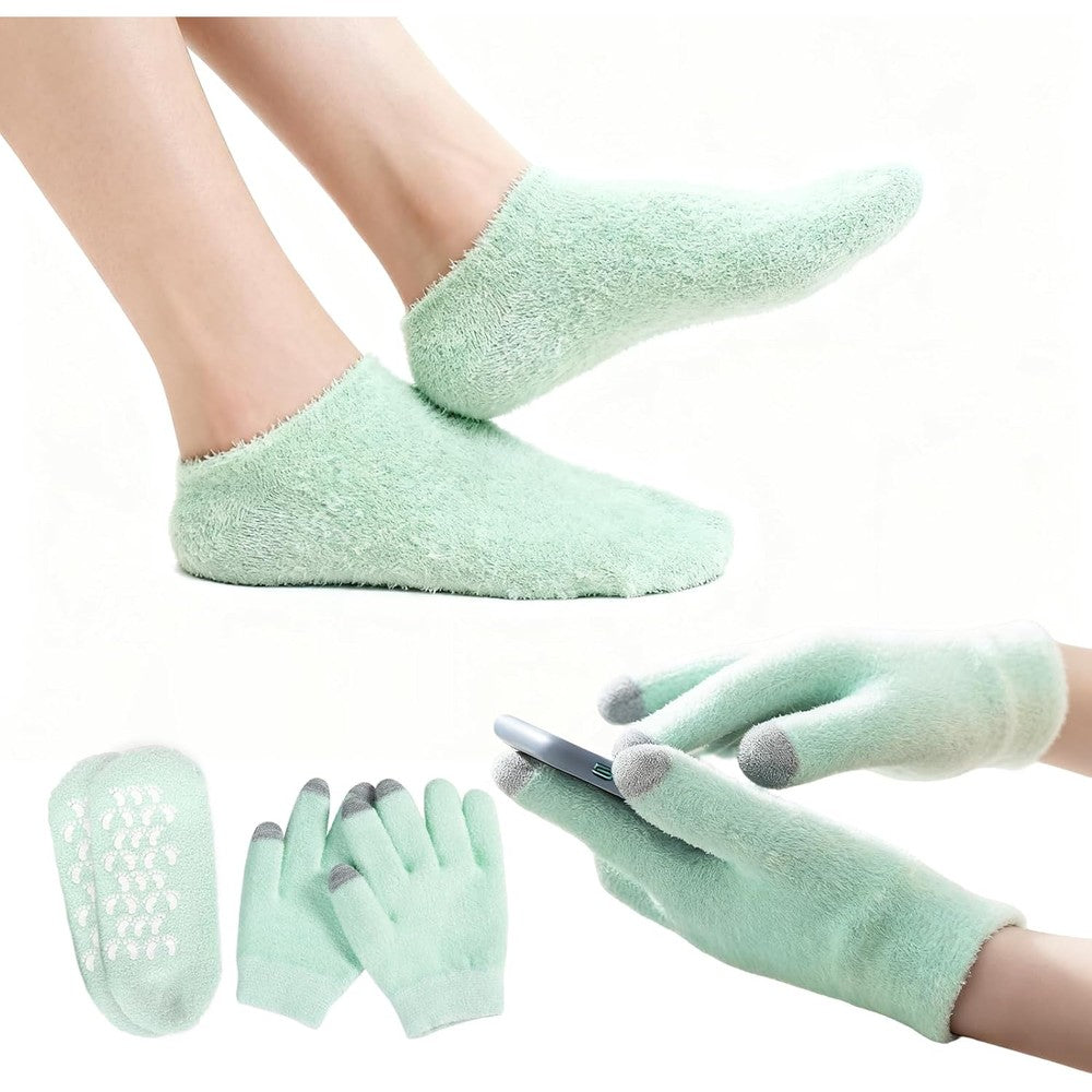Purple Canyon green moisturizing gloves and socks set front view
