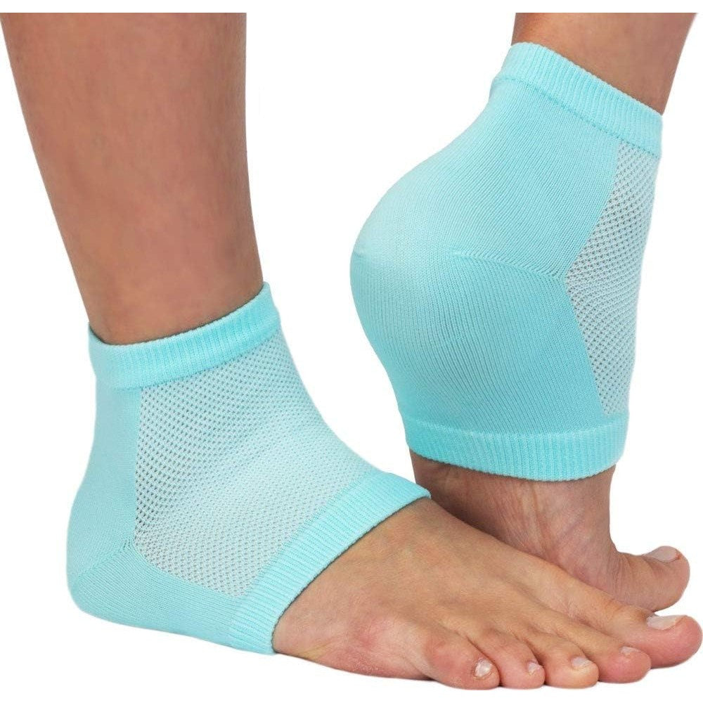 NatraCure Vented Moisturizing Gel Heel Sleeves front view in Aqua Blue packaging