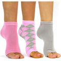Freetoes toeless socks front view featuring pink, pink argyle, and gray patterns in a 3 pair set.