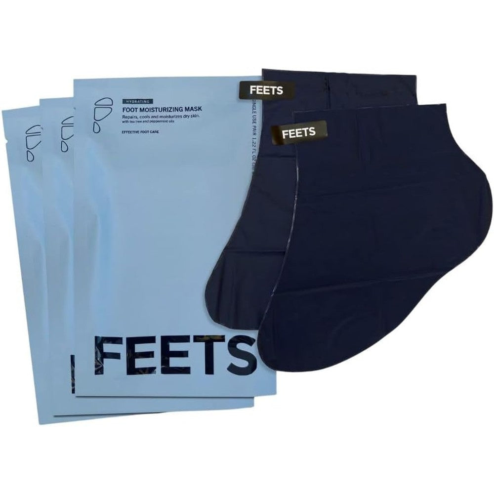 FEETS Hydrating Foot Mask 3 pack best cream for dry skin on feet box with tea tree and peppermint oil ingredients