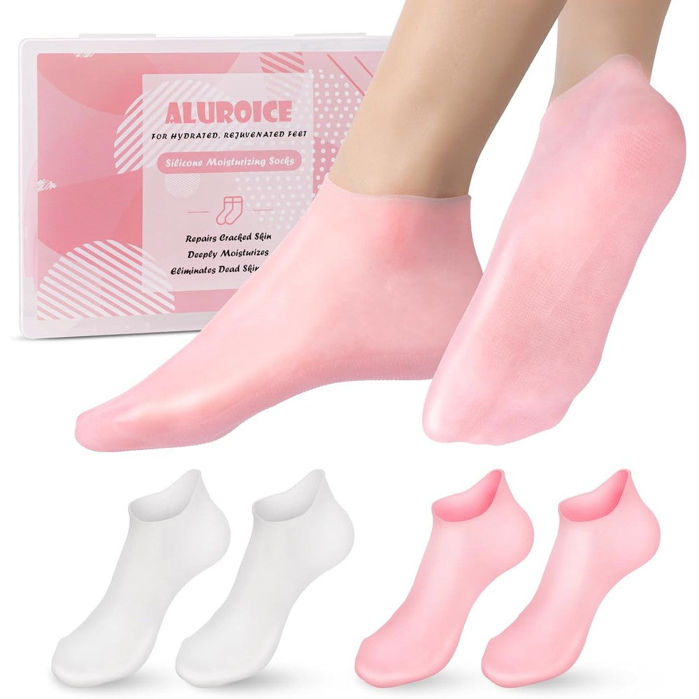 ALUROICE silicone moisturizing socks in pink and white for foot care