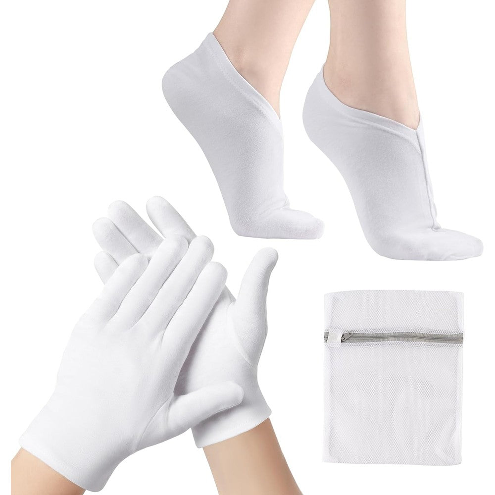 BESSLEE white cotton moisturizing gloves and socks with mesh wash bag