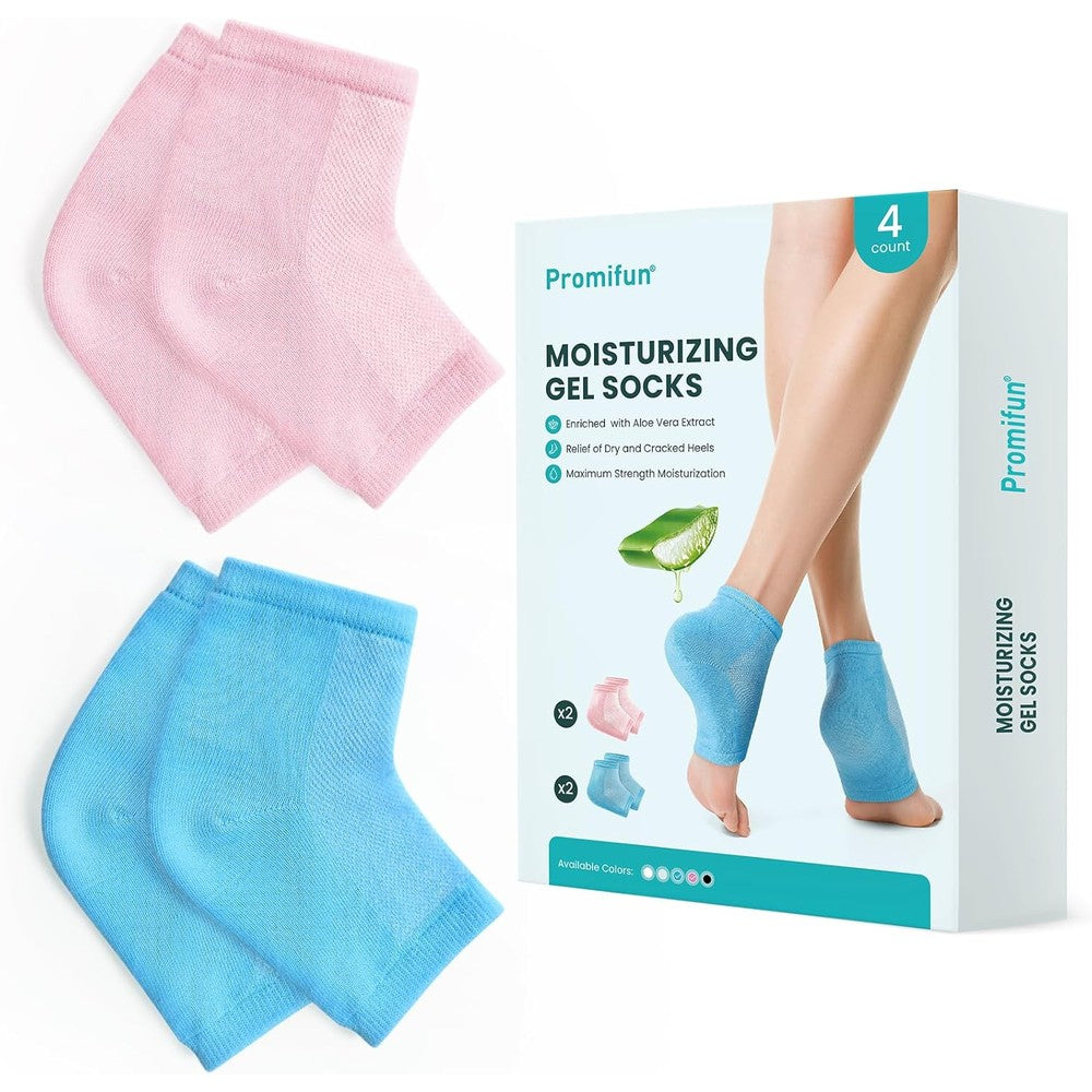 Promifun moisturizing heel socks in pink and blue for cracked heel repair