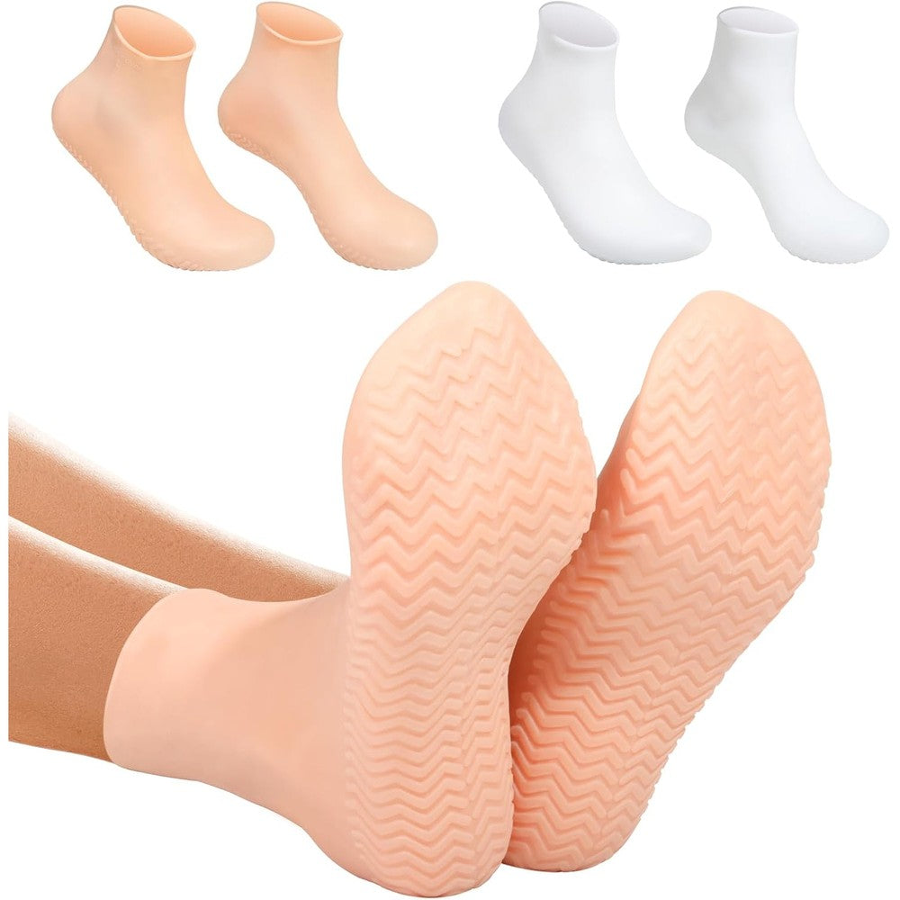 Vigdit 2 pairs of XL long silicone moisturizing socks in white and beige