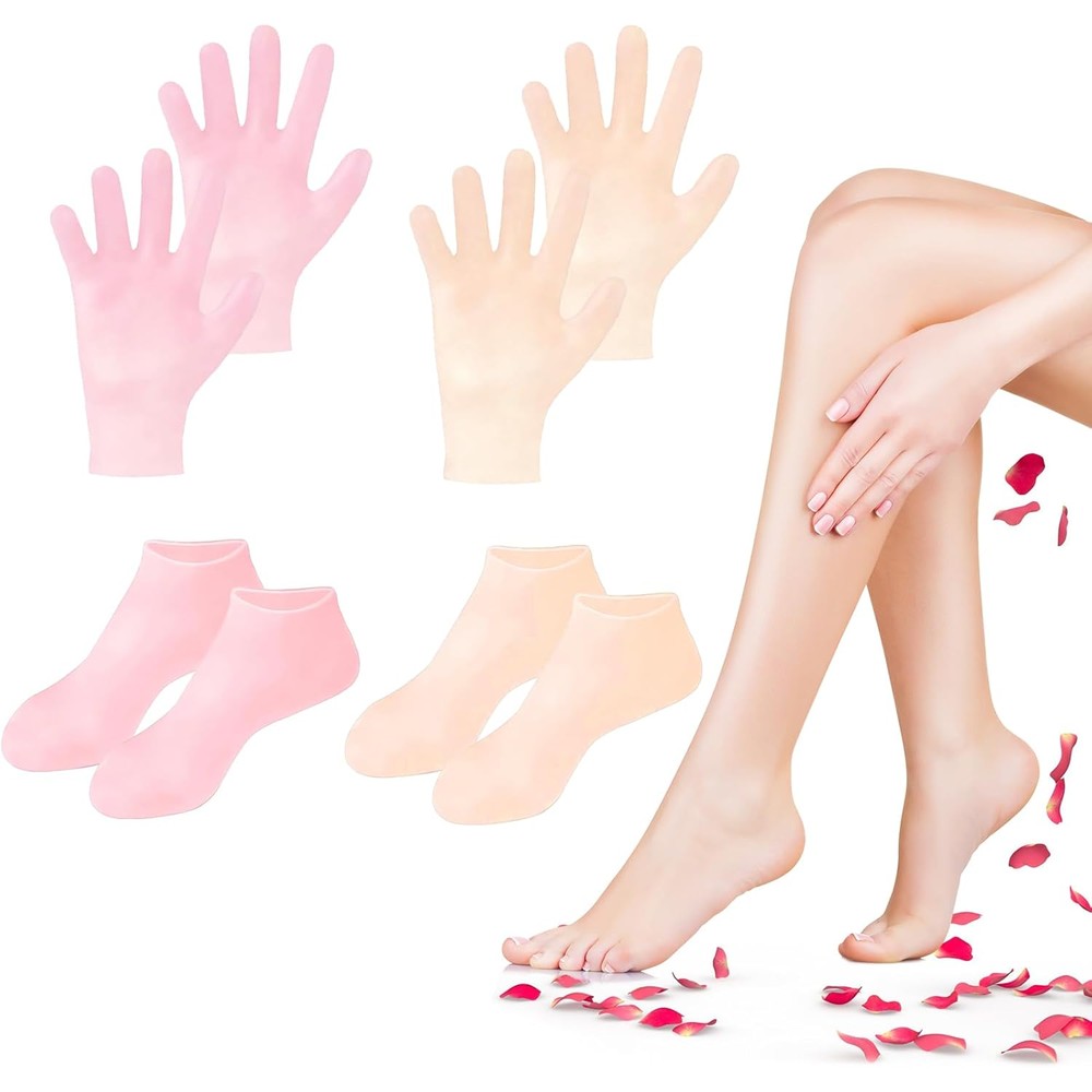 TEAWOO 4 pairs silicone socks and gloves set in pink and beige colors