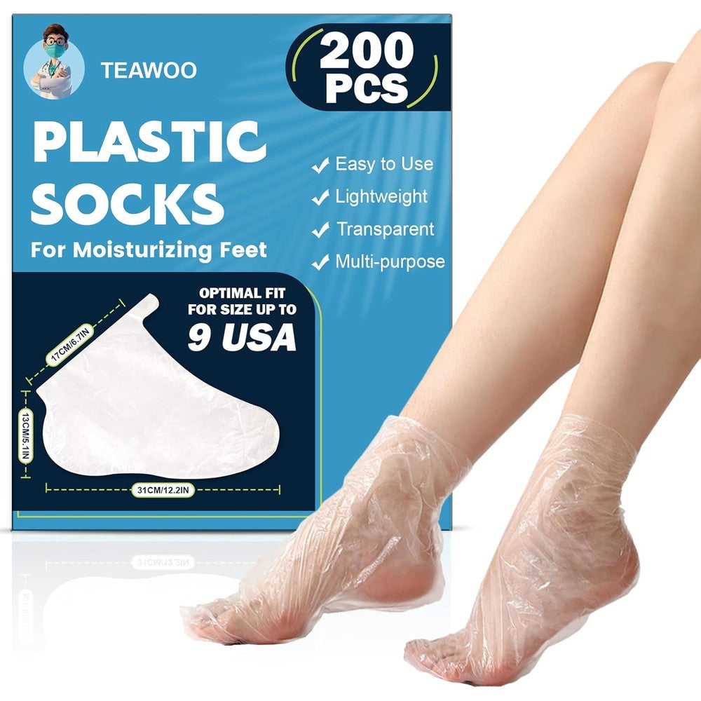 TEAWOO 200 pieces of disposable plastic foot covers with adhesive stickers