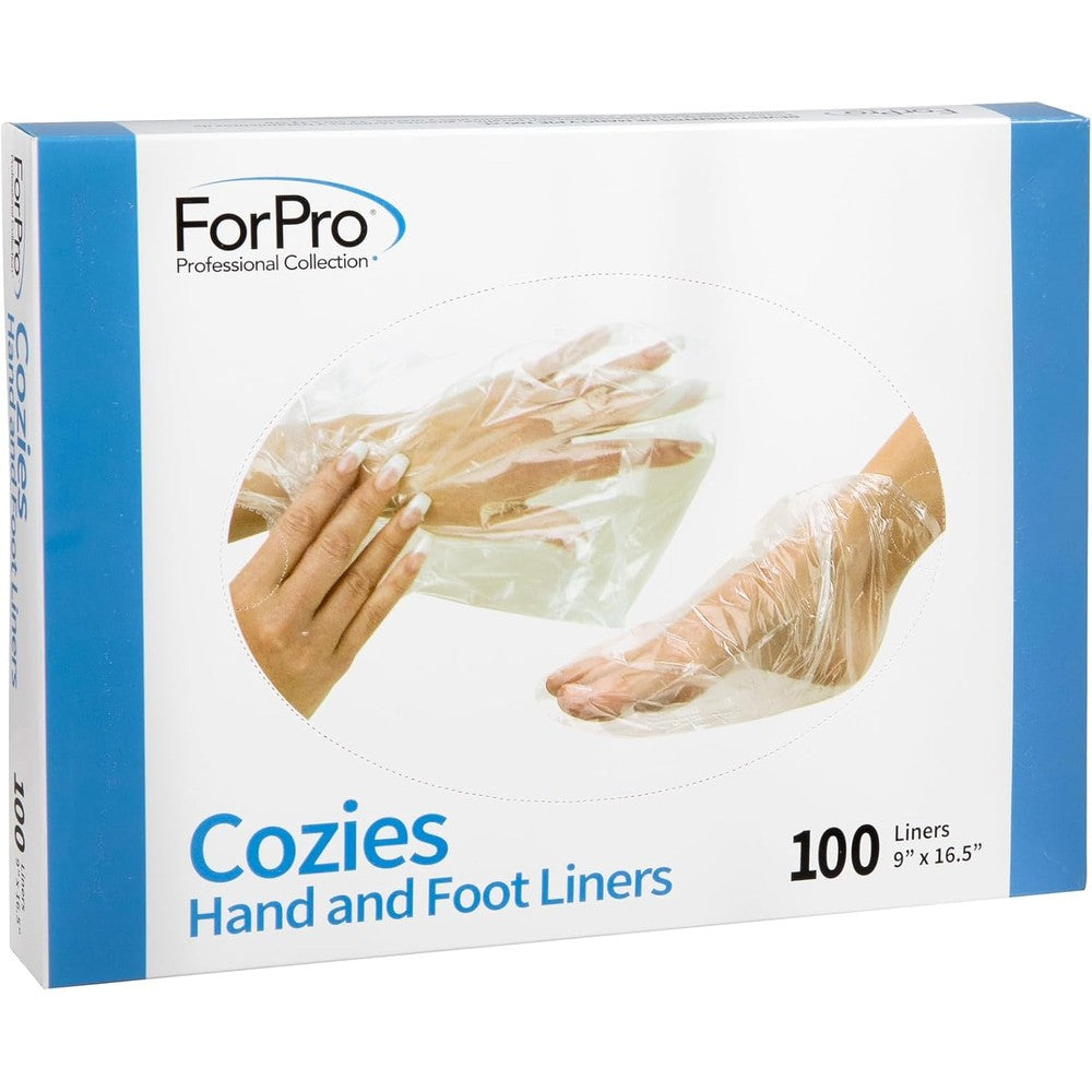 ForPro Professional Collection Cozies Hand and Foot Liners front view of packaging box containing one hundred clear plastic sleeves