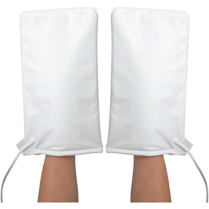 ForPro Professional Collection Premium Heated Mitts front view showing white terry cloth exterior for professional salon hand care.