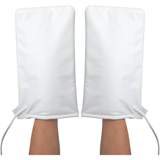 ForPro Professional Collection Premium Heated Mitts front view showing white terry cloth exterior for professional salon hand care.