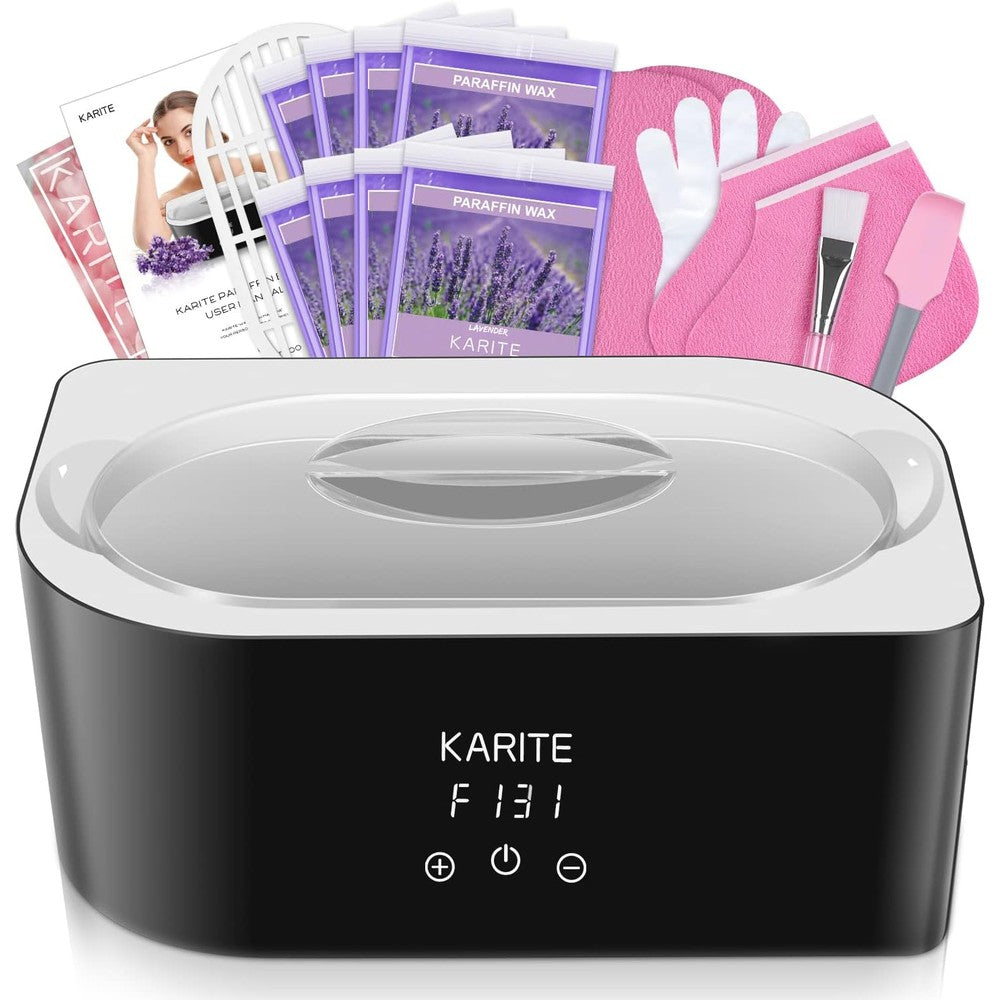 Karite Paraffin Wax Machine front view showing the digital display panel and a 4000ml alloy heating chamber filled with warm melted wax.