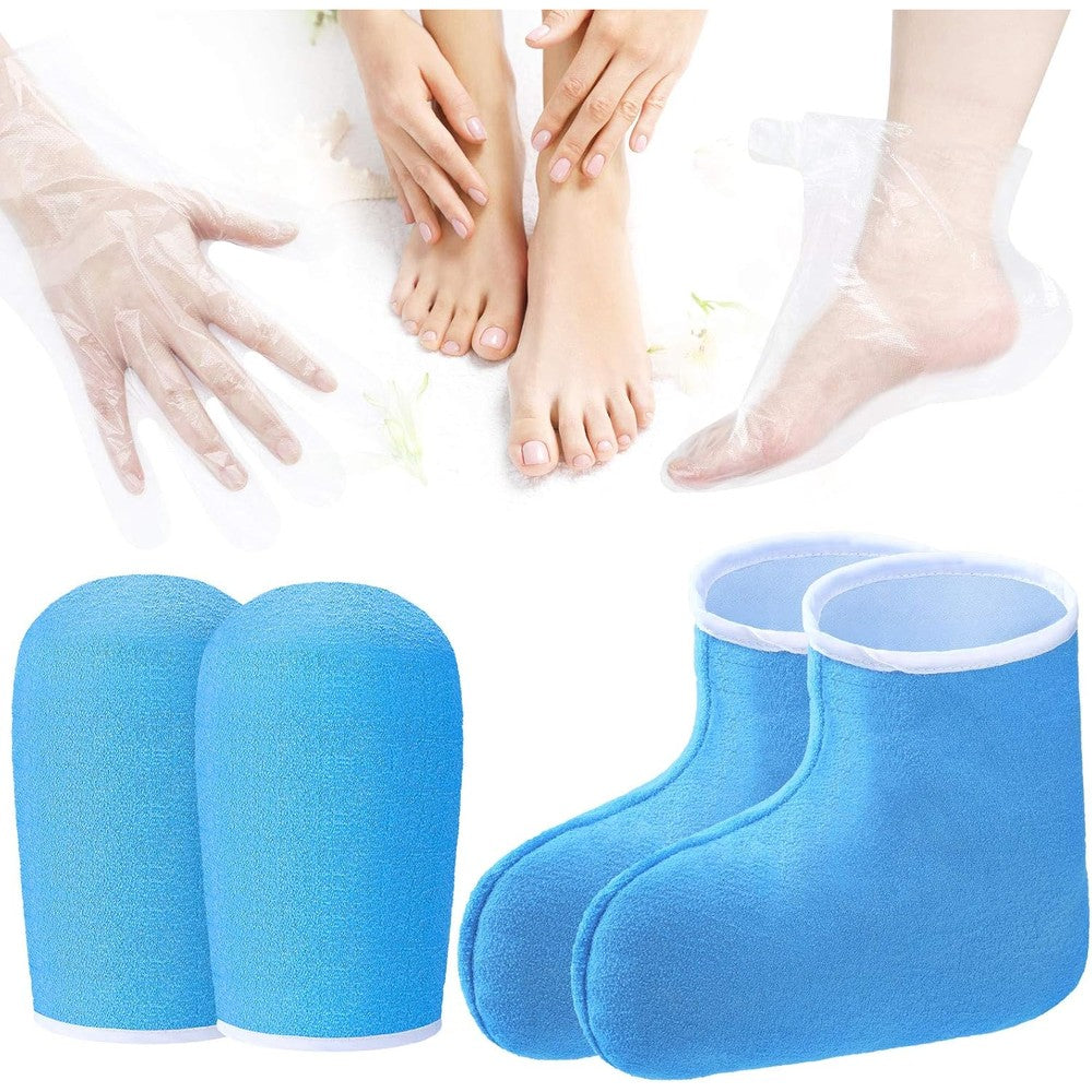 Geyoga paraffin wax bath set front view showing blue terry cloth mitts and booties with plastic liner bags