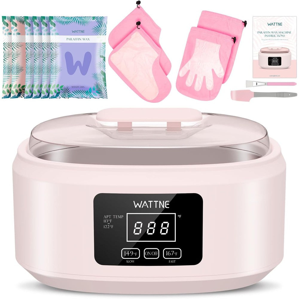 Wattne Paraffin Wax Machine front view showing the pink exterior and digital temperature control panel.