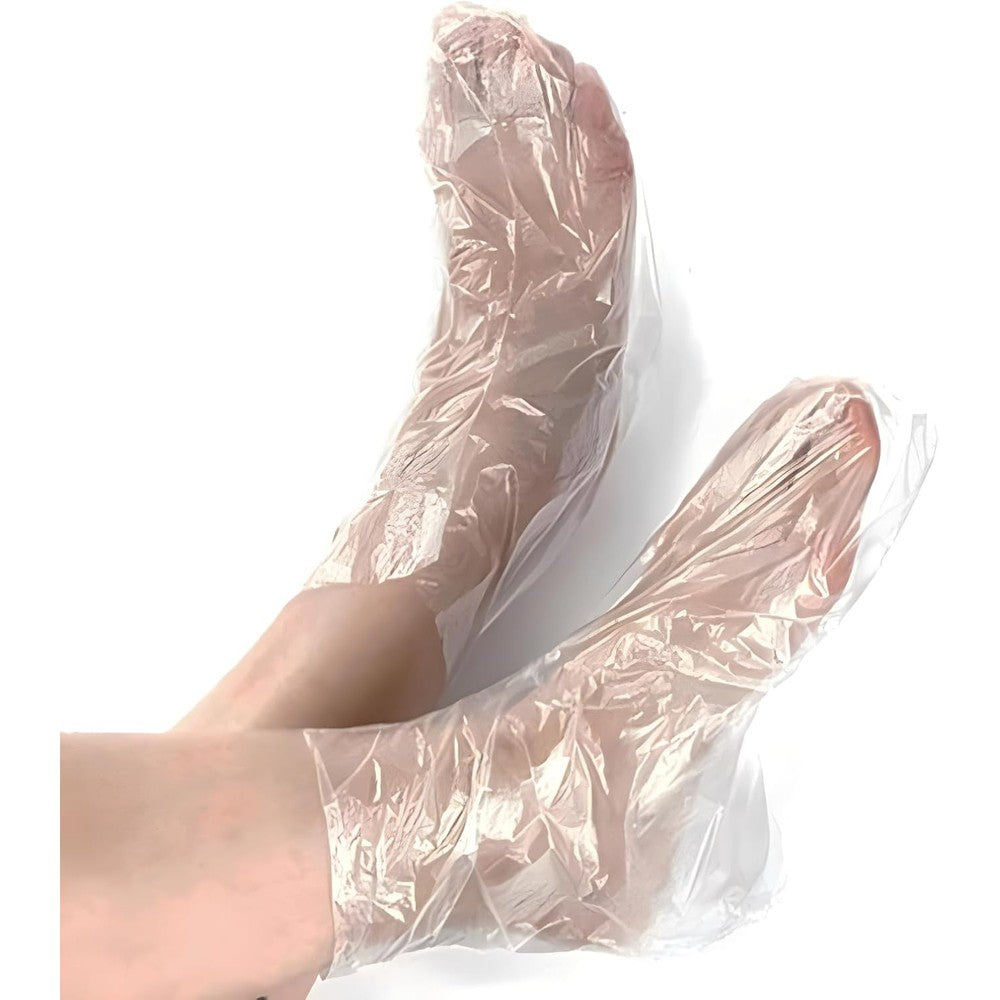 JIASAIL Disposable Foot Film Covers 100 Pack front view showing transparent plastic design for paraffin bath treatments.