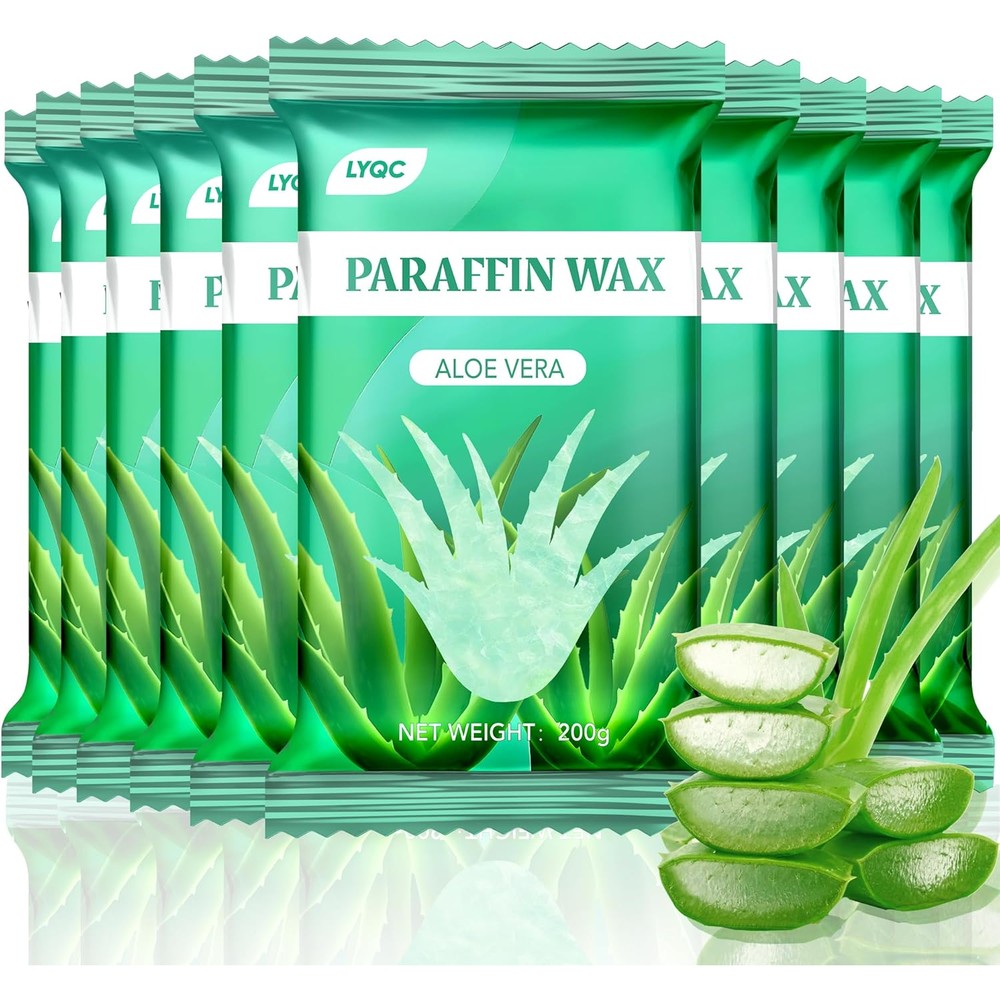 LYQC Paraffin Wax Refill front view showing ten packs of aloe vera scented wax blocks for heat therapy.