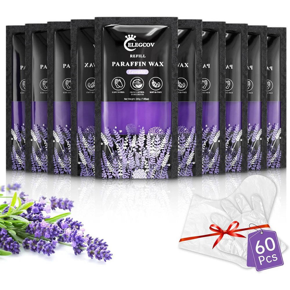 ELEGCOV paraffin wax refills front view showing lavender themed ten pack packaging.