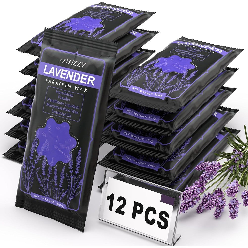 Achzzy natural paraffin wax refills 12 pack front view showcasing lavender packaging