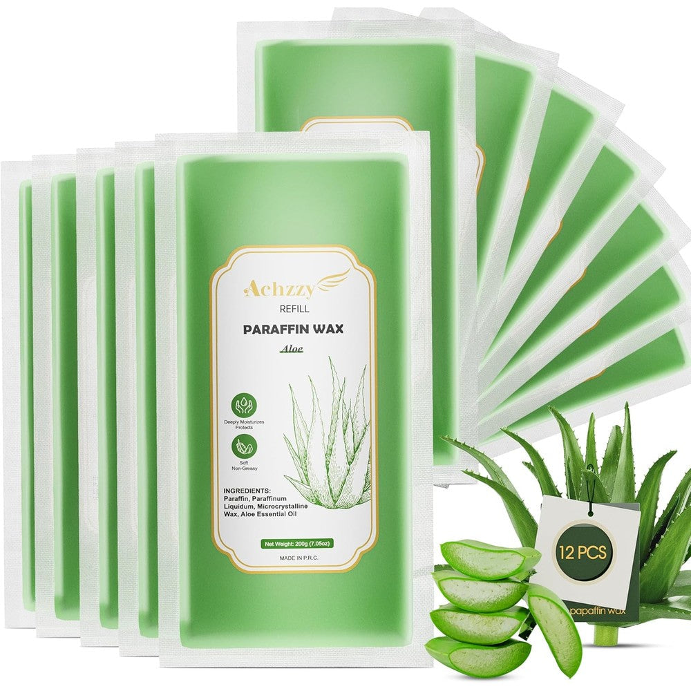 Achzzy Natural Paraffin Wax Refills twelve pack front view showing aloe scent packaging for hand and feet spa