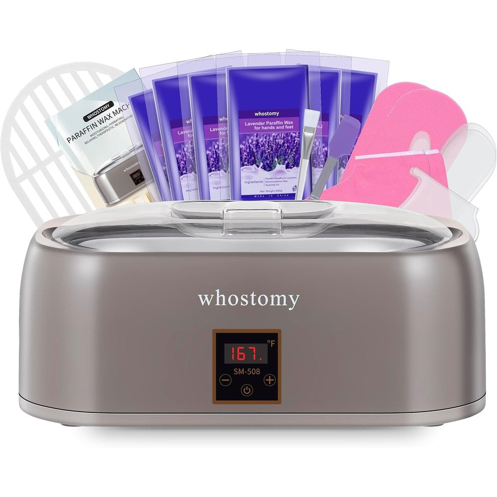 Whostomy paraffin wax machine front view showing digital LED temperature control display screen.