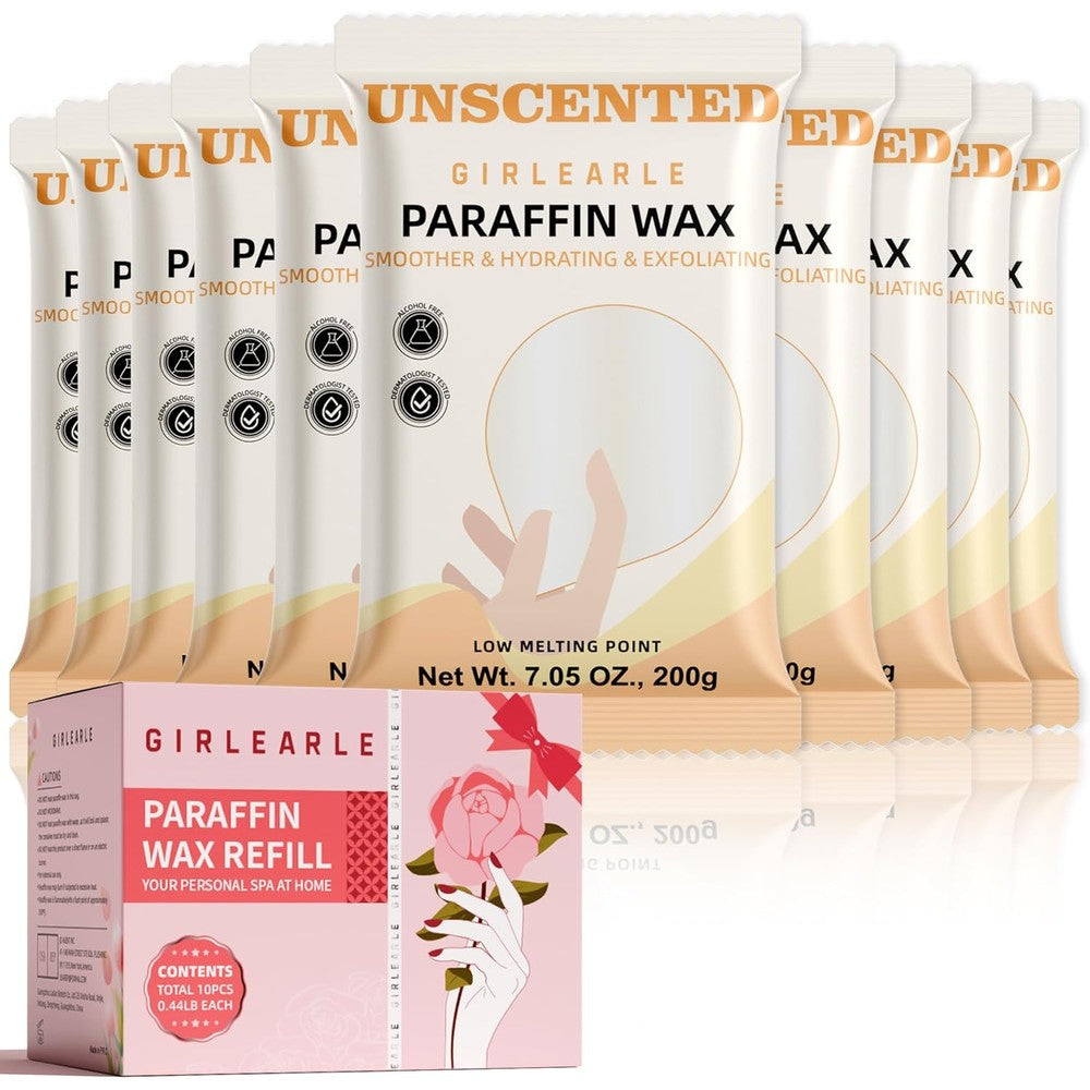 GIRLEARLE paraffin wax refills front view packaging displaying ten unscented blocks for spa treatment.
