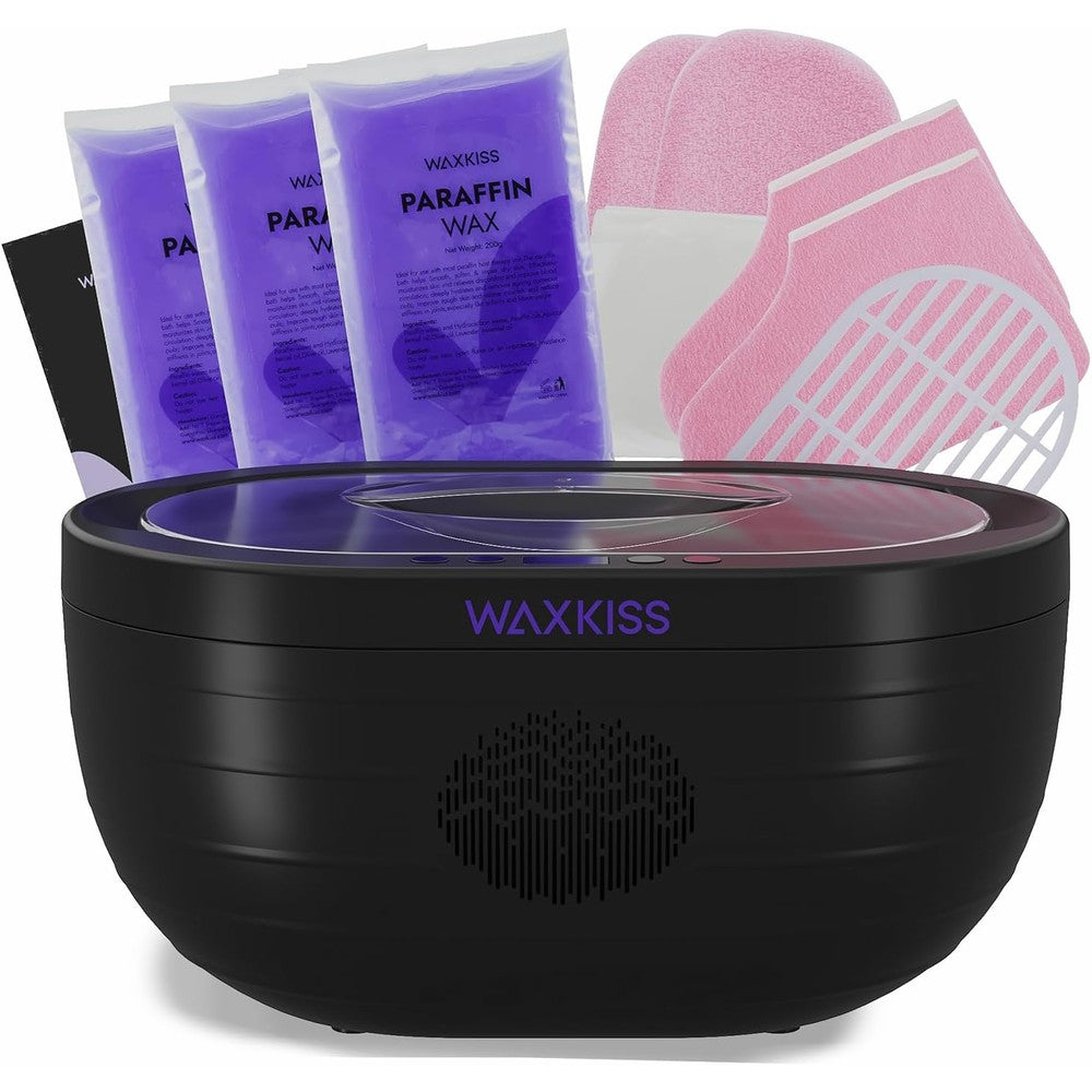Waxkiss paraffin wax machine front view showing the digital display and safety lid for home spa treatments