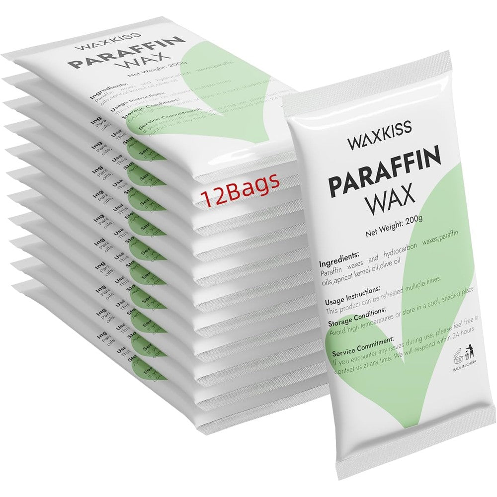 Wewax paraffin wax for hand and feet twelve pack front view showing colorless unscented product bags for dry skin hydration