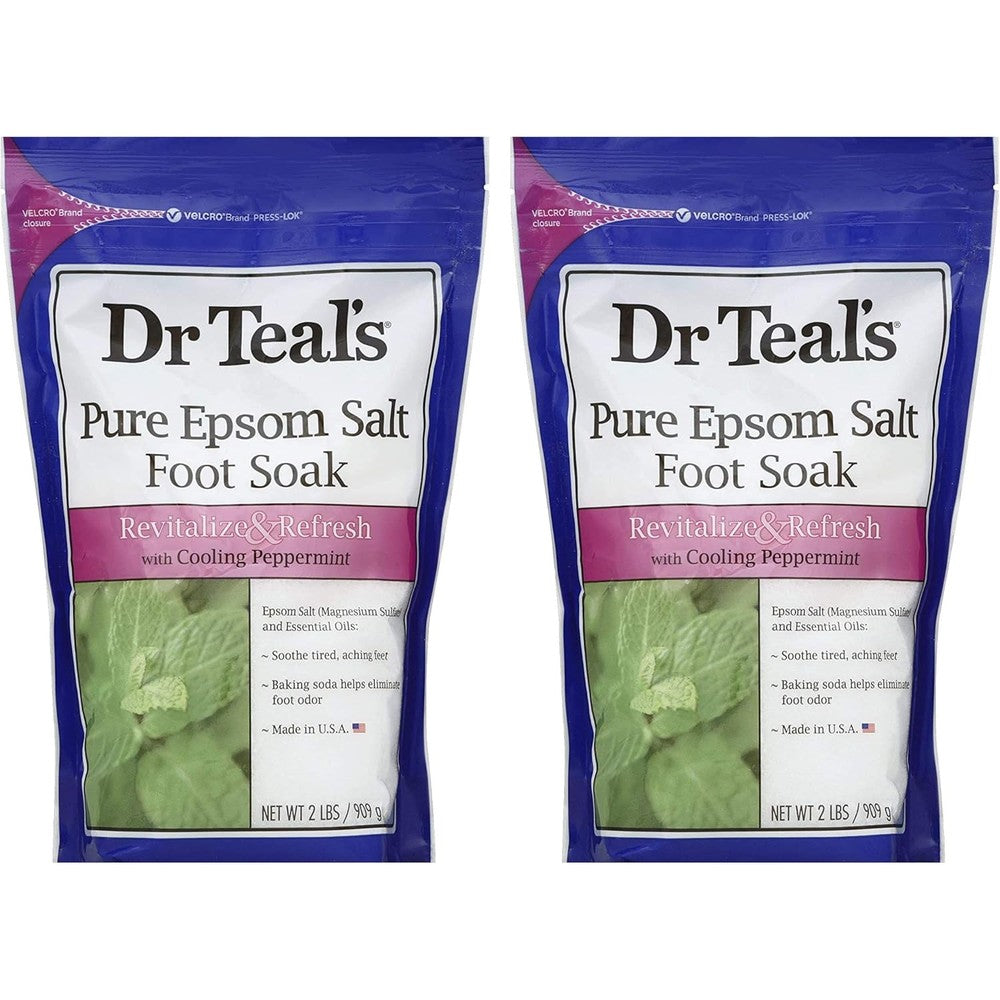 Dr. Teal's Pure Epsom Salt Foot Soak Peppermint Two Pack front view showing authentic packaging.