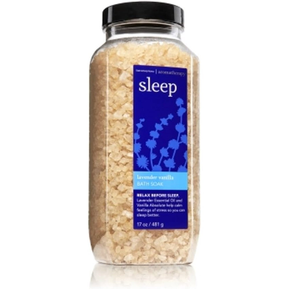 Bath and Body Works Aromatherapy Lavender Vanilla Bath Soak 17 Ounce front bottle view showing sleep collection labeling.