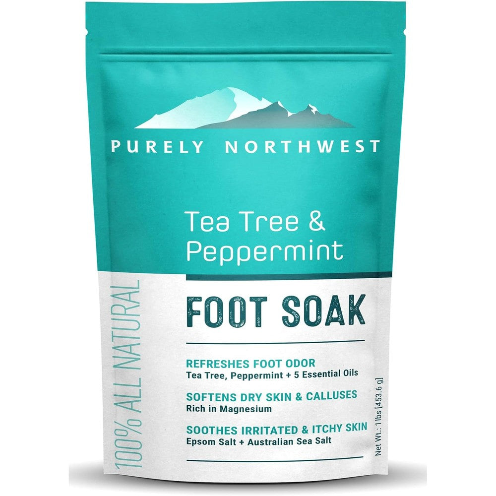 Purely Northwest Epsom Salt Tea Tree Foot Soak front packaging view showing key ingredients