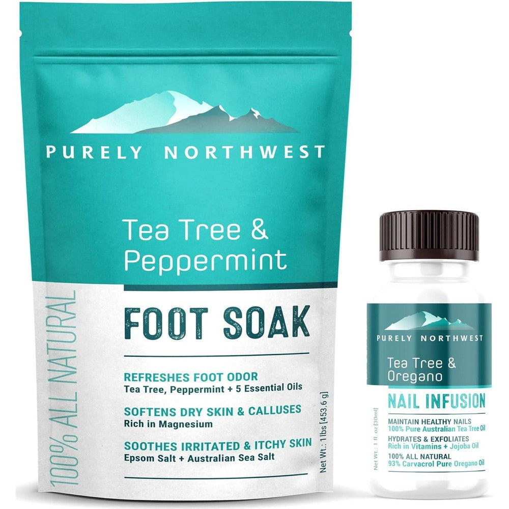 Purely Northwest Tea Tree Oil Foot Soak and Nail Repair Oil Set front view showcasing packaging