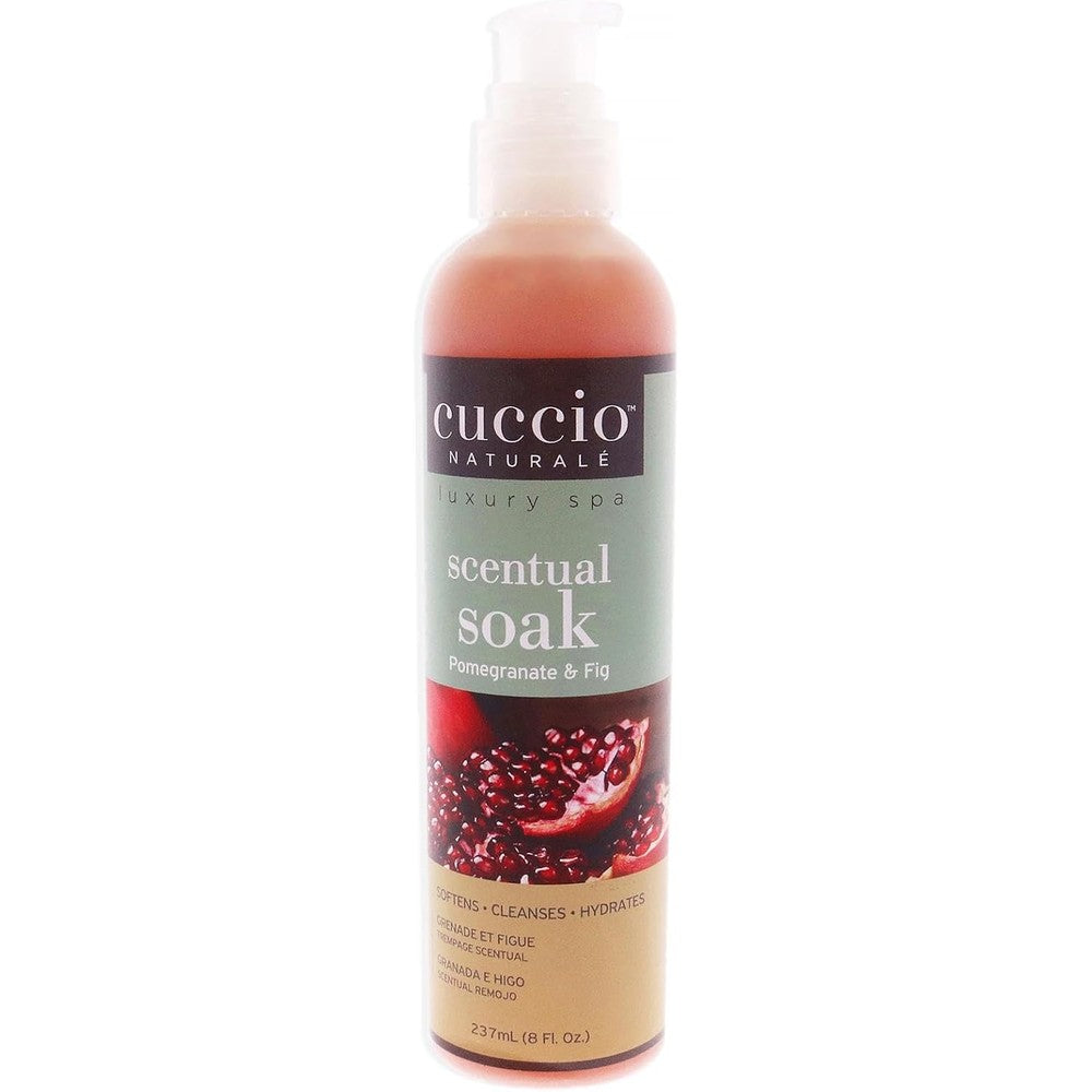 Cuccio Naturale Scentual Soak Pomegranate and Fig 8 Ounce front view bottle representing premium luxury spa hand and foot wash.