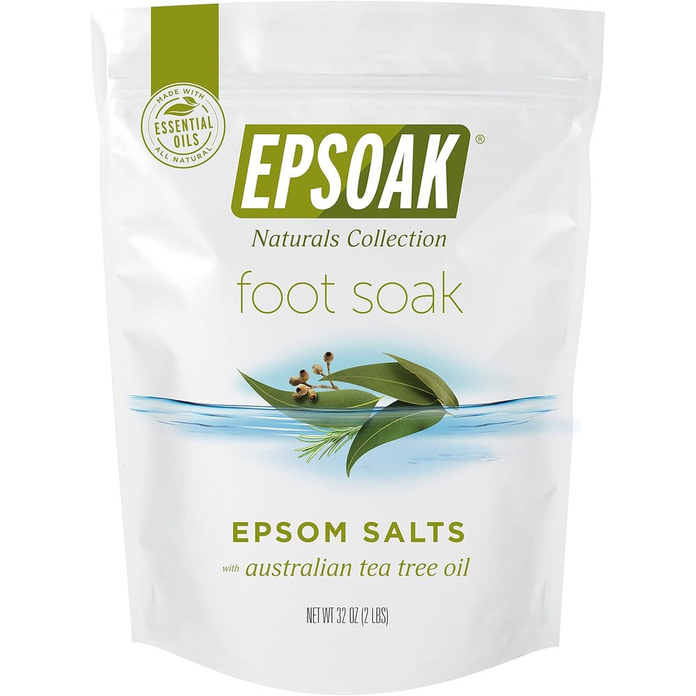 Epsoak Tea Tree Oil Foot Soak two pound value bag front view showing therapeutic bath salt packaging.