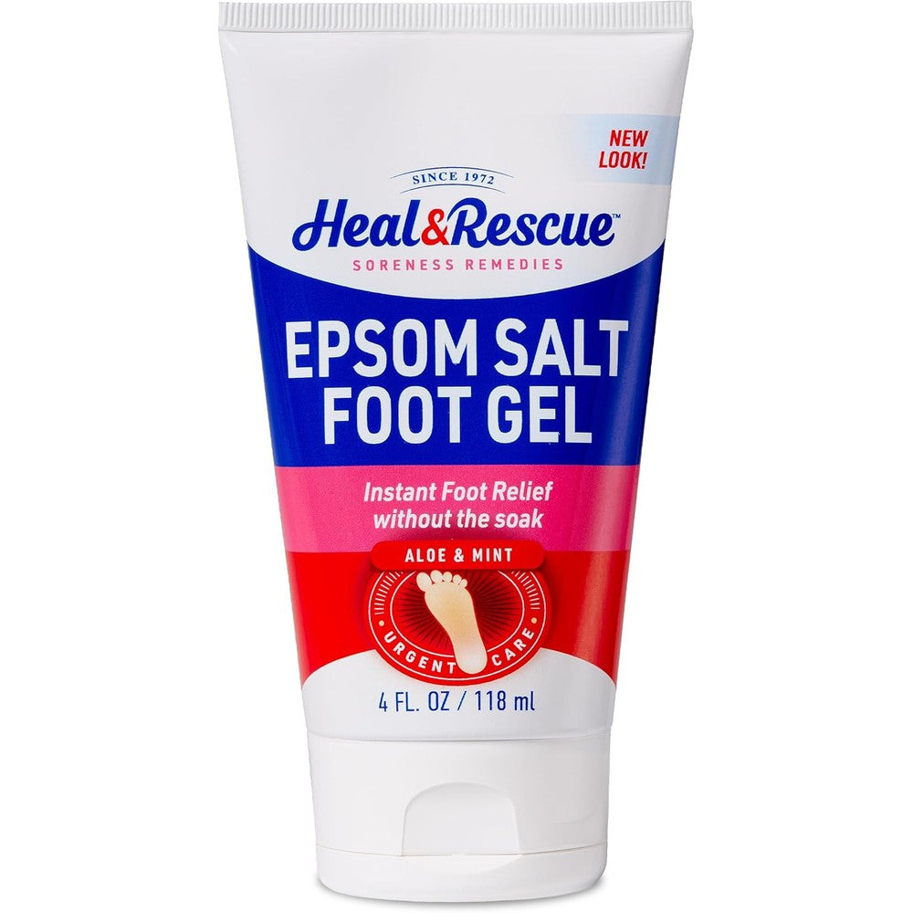 Heal And Rescue Epsom Salt Foot Gel four ounce tube front view showing soothing foot pain relief packaging