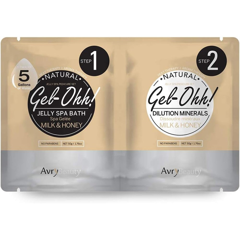 AvryBeauty Gel-Ohh Jelly Spa Milk and Honey package front view showing the premium two-step pedicure soak system.